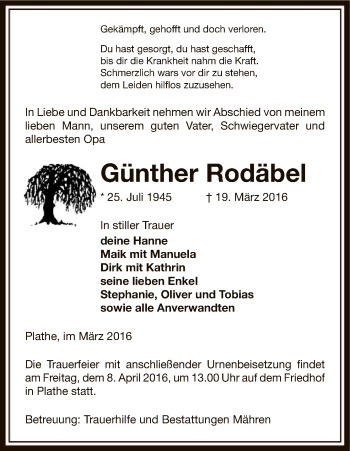 Traueranzeige von Günther Rodäbel von Uelzen