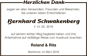 Traueranzeige von Bernhard Schwakenberg von Uelzen