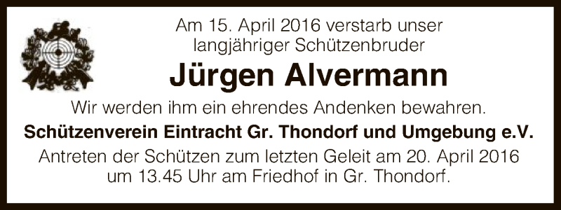  Traueranzeige für Jürgen Alvermann vom 19.04.2016 aus Uelzen