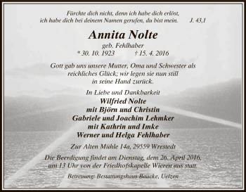 Traueranzeige von Annita Nolte von Uelzen