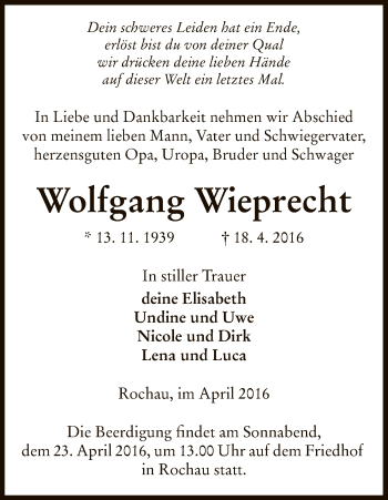 Traueranzeige von Wolfgang Wieprecht von Uelzen