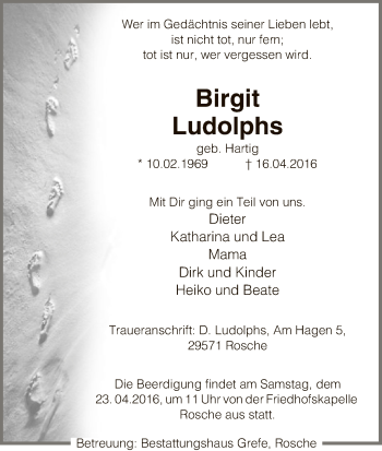 Traueranzeige von Birgit Ludolphs von Uelzen