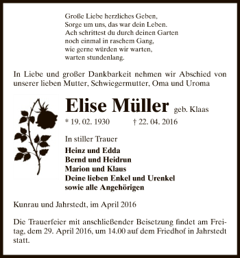 Traueranzeige von Elise Müller von Uelzen