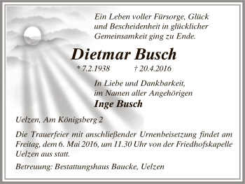 Traueranzeige von Dietmar Busch von Uelzen