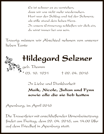 Traueranzeige von Hildegard Selzner von Uelzen