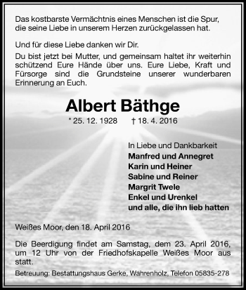 Traueranzeige von Albert Bäthge von Uelzen