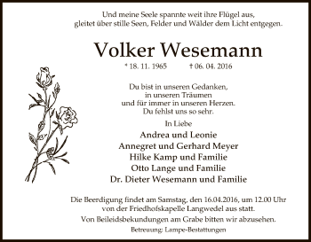 Traueranzeige von Volker Wesemann von Uelzen