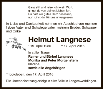 Traueranzeige von Helmut Langnese von Uelzen