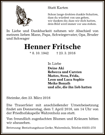 Traueranzeige von Henner Fritsche von Uelzen