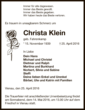 Traueranzeige von Christa Klein von Uelzen