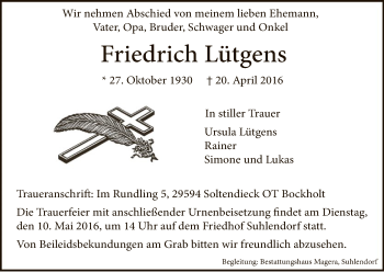 Traueranzeige von Friedrich Lütgens von Uelzen