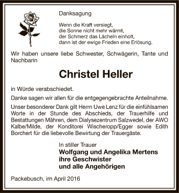 Traueranzeige von Christel Heller von Uelzen