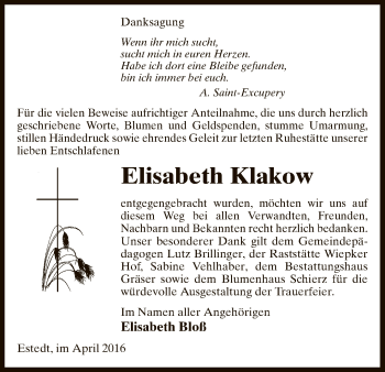 Traueranzeige von Elisabeth Klakow von Uelzen