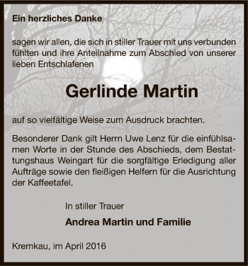 Traueranzeige von Gerlinde Martin von Uelzen