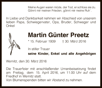 Traueranzeige von Martin Günter Preetz von Uelzen