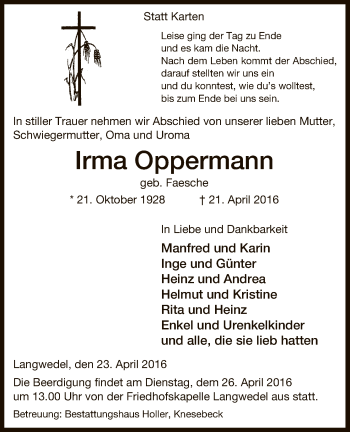 Traueranzeige von Irma Oppermann von Uelzen