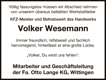 Traueranzeige von Volker Wesemann von Uelzen