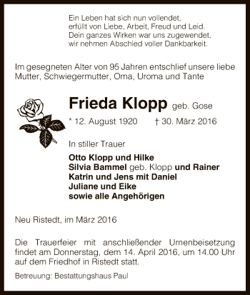 Traueranzeige von Frieda Klopp von Uelzen