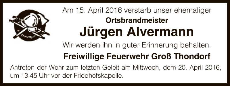  Traueranzeige für Jürgen Alvermann vom 19.04.2016 aus Uelzen