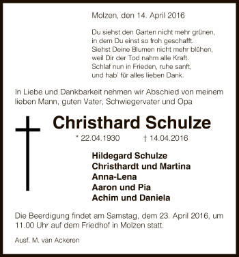 Traueranzeige von Christhard Schulze von Uelzen