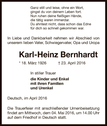 Traueranzeige von Karl-Heinz Bernhardt von Uelzen