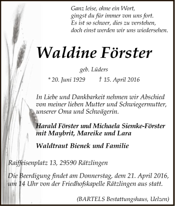 Traueranzeige von Waldine Förster von Uelzen