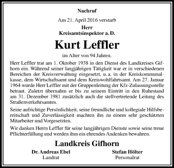 Traueranzeige von Kurt Leffler von Uelzen