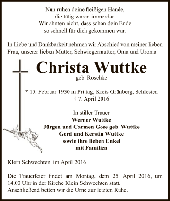 Traueranzeige von Christa Wuttke von Uelzen