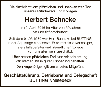 Traueranzeige von Herbert Behncke von Uelzen