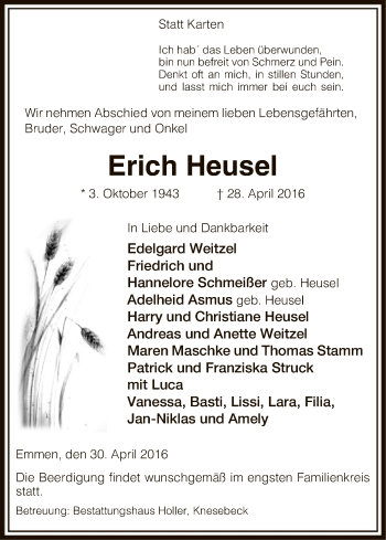 Traueranzeige von Erich Heusel von Uelzen