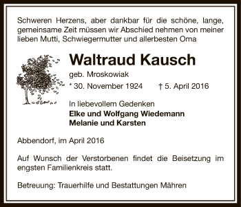 Traueranzeige von Waltraud Kausch von Uelzen