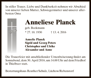 Traueranzeige von Anneliese Planck von Uelzen