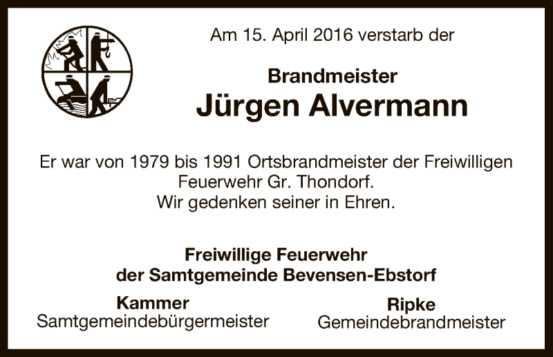  Traueranzeige für Jürgen Alvermann vom 19.04.2016 aus Uelzen