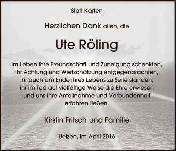 Traueranzeige von Ute Röling von Uelzen