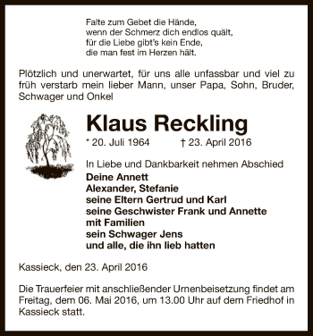 Traueranzeige von Klaus Reckling von Allgemeine Zeitung Uelzen