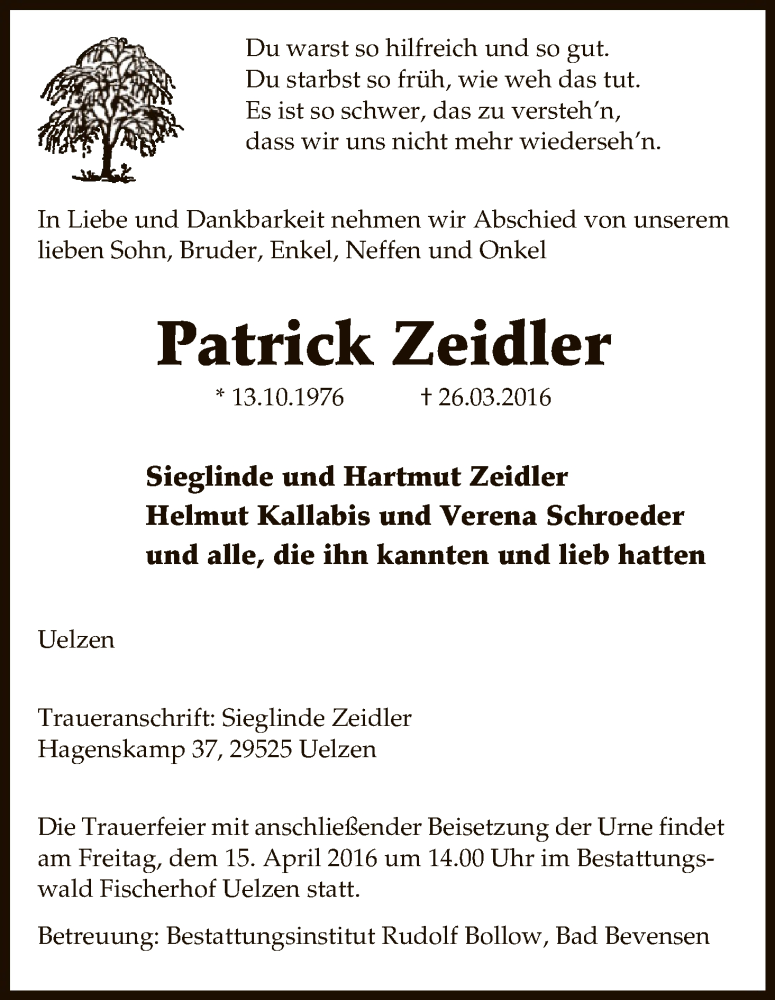  Traueranzeige für Patrick Zeidler vom 09.04.2016 aus Uelzen