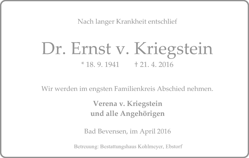  Traueranzeige für Ernst v. Kriegstein vom 30.04.2016 aus Uelzen