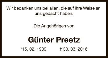 Traueranzeige von Günter Preetz von Uelzen