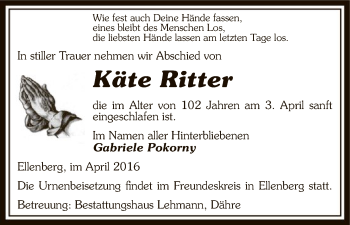 Traueranzeige von Käte Ritter von Uelzen