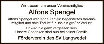 Traueranzeige von Alfons Spengel von Uelzen