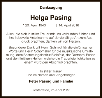 Traueranzeige von Helga Pasing von Uelzen