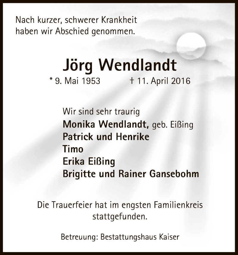  Traueranzeige für Jörg Wendlandt vom 19.04.2016 aus Uelzen