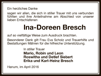 Traueranzeige von Ina-Doreen Bresch von Uelzen