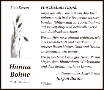 Traueranzeige von Hanna Bohne von Uelzen