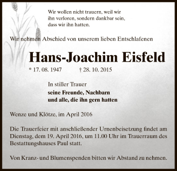 Traueranzeige von Hans-Joachim Eisfeld von Uelzen