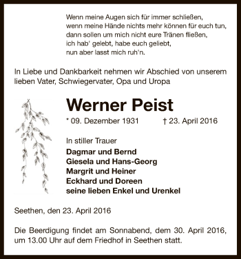Traueranzeige von Werner Peist von Uelzen