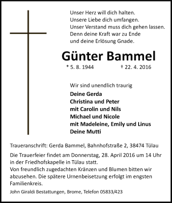 Traueranzeige von Günter Bammel von Uelzen