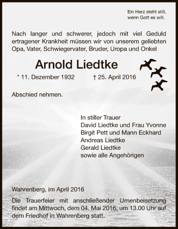 Traueranzeige von Arnold Liedtke von Uelzen