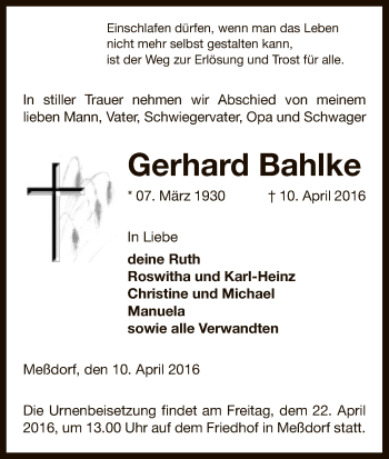 Traueranzeige von Gerhard Bahlke von Uelzen