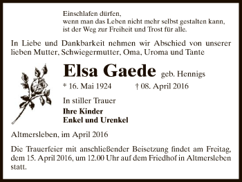 Traueranzeige von Elsa Gaede von Uelzen